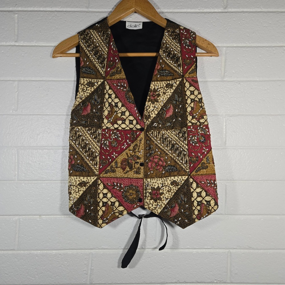 Vtg Dalin Beaded Batik Patchwork‎ Vest Large Multi Color Snap Front Art to Wear